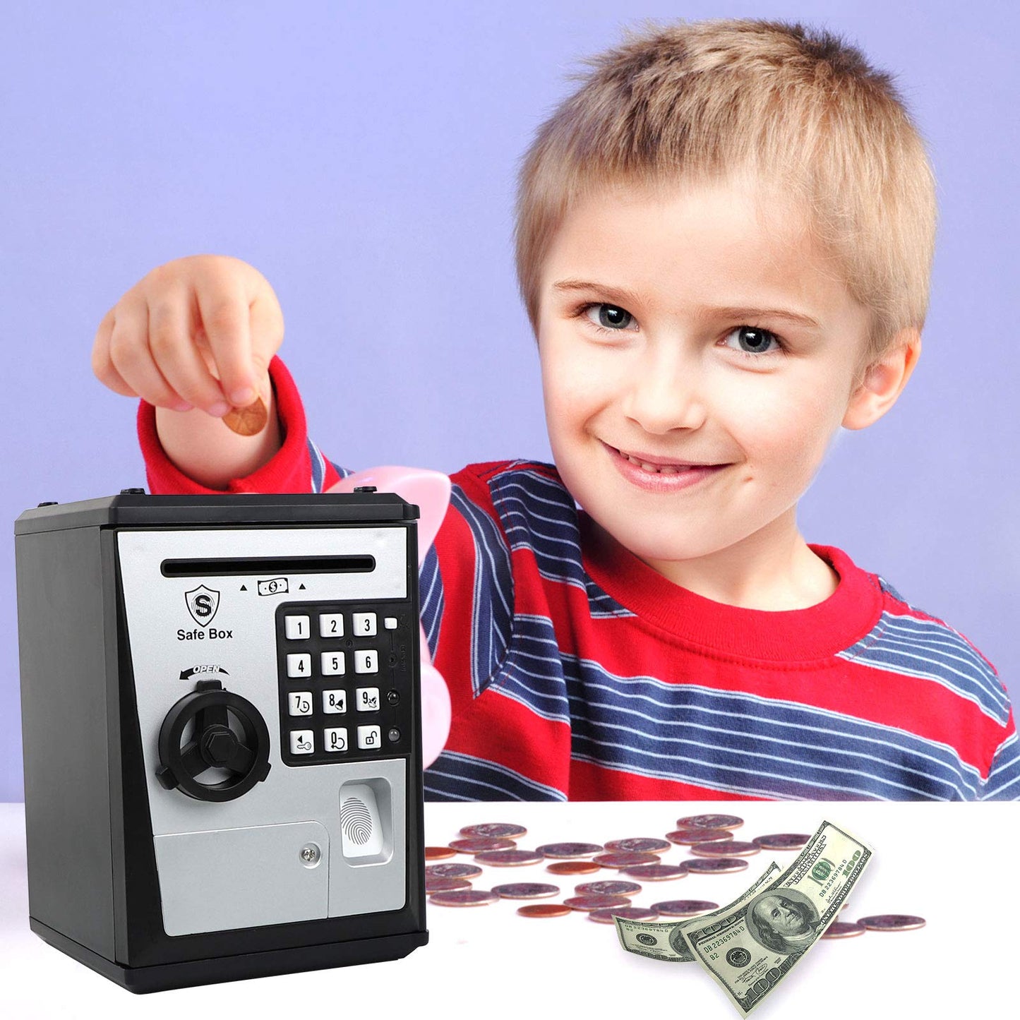 Lyght Mini ATM Savings Bank — Fingerprint Piggy Bank with Voice Prompts for Kids | Silver/Black