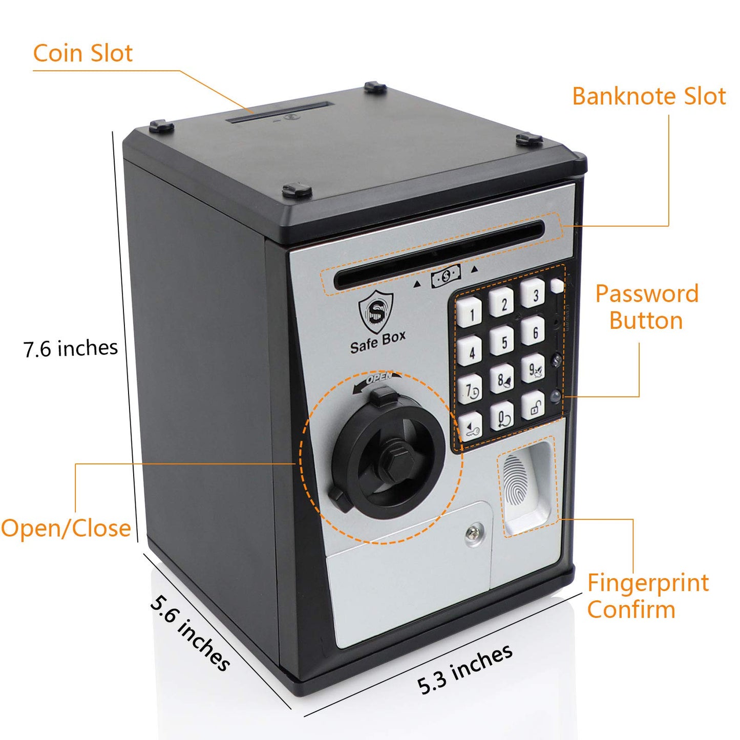 Lyght Mini ATM Savings Bank — Fingerprint Piggy Bank with Voice Prompts for Kids | Silver/Black