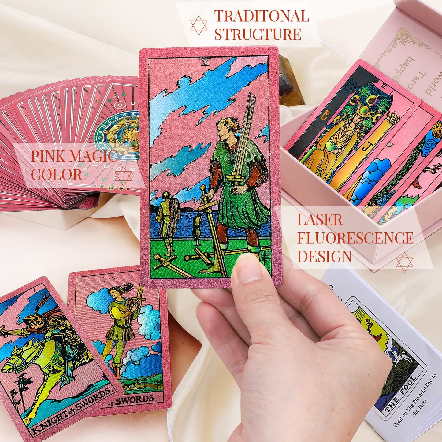 LYINGFISH Tarot Cards for Beginners - Pink Deck with Guide Book (78 Cards)