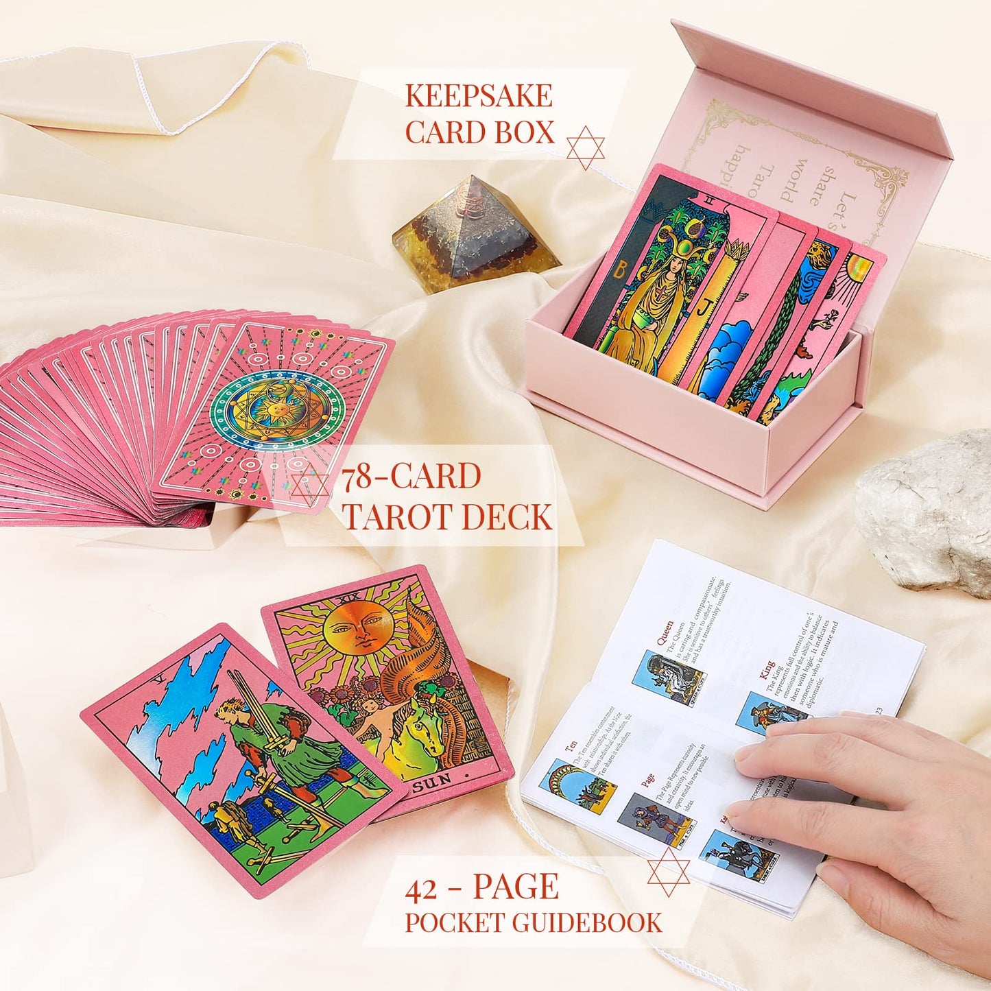 LYINGFISH Tarot Cards for Beginners - Pink Deck with Guide Book (78 Cards)