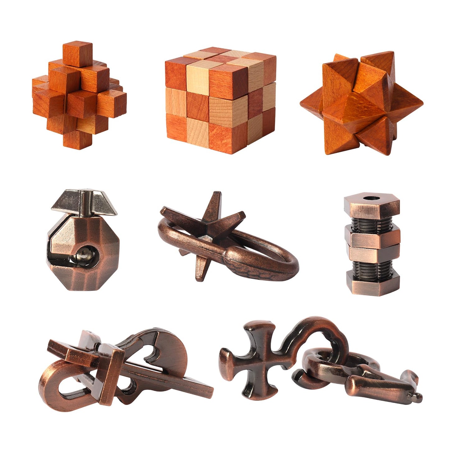 LYiUP 8pcs Puzzles – Wooden & Metal Brain Teaser Set for All Ages