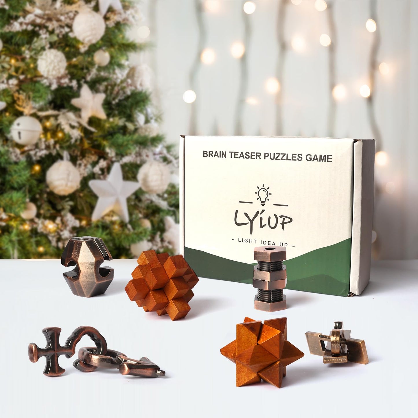 LYiUP 8pcs Puzzles – Wooden & Metal Brain Teaser Set for All Ages