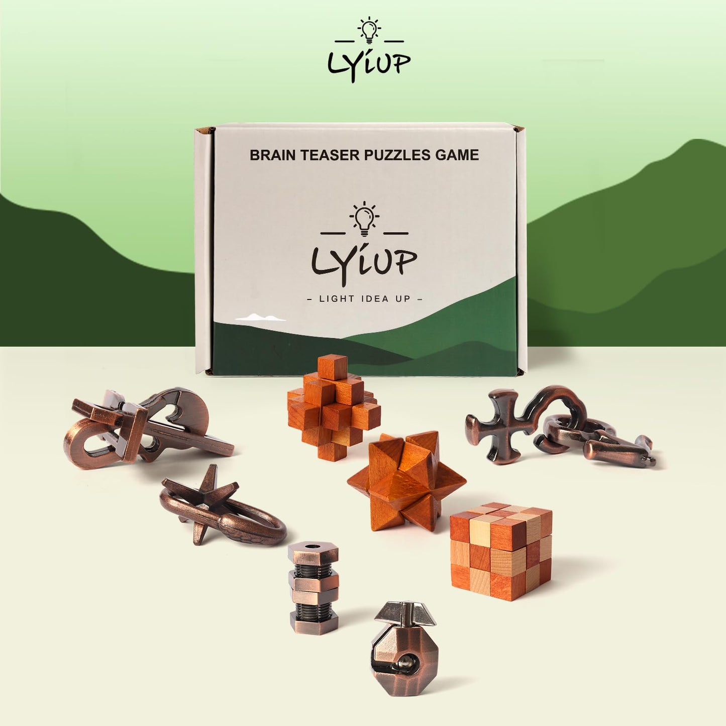 LYiUP 8pcs Puzzles – Wooden & Metal Brain Teaser Set for All Ages