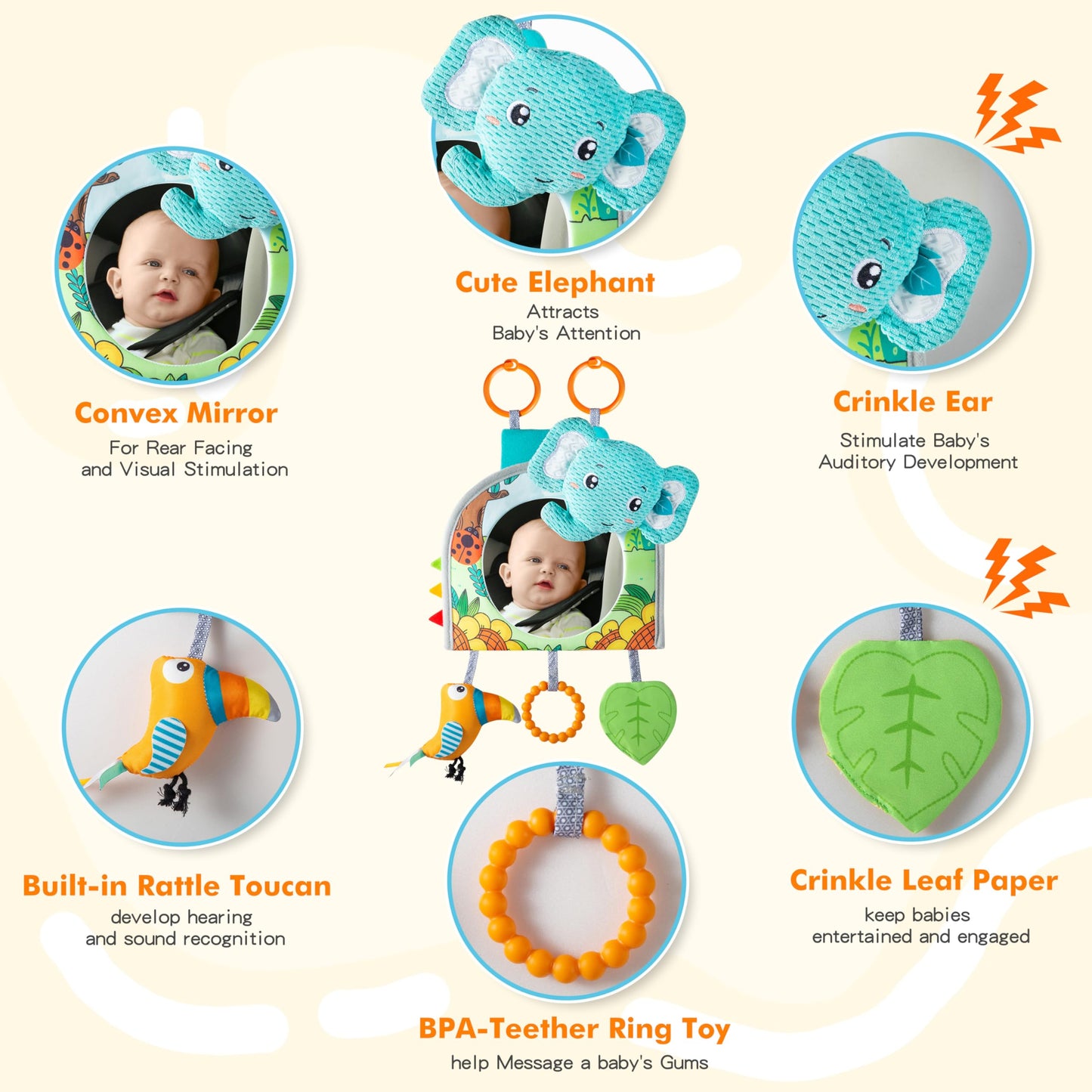 Lynncare Car Seat Toy | Baby Car Mirror & Travel Activity Center for Infants