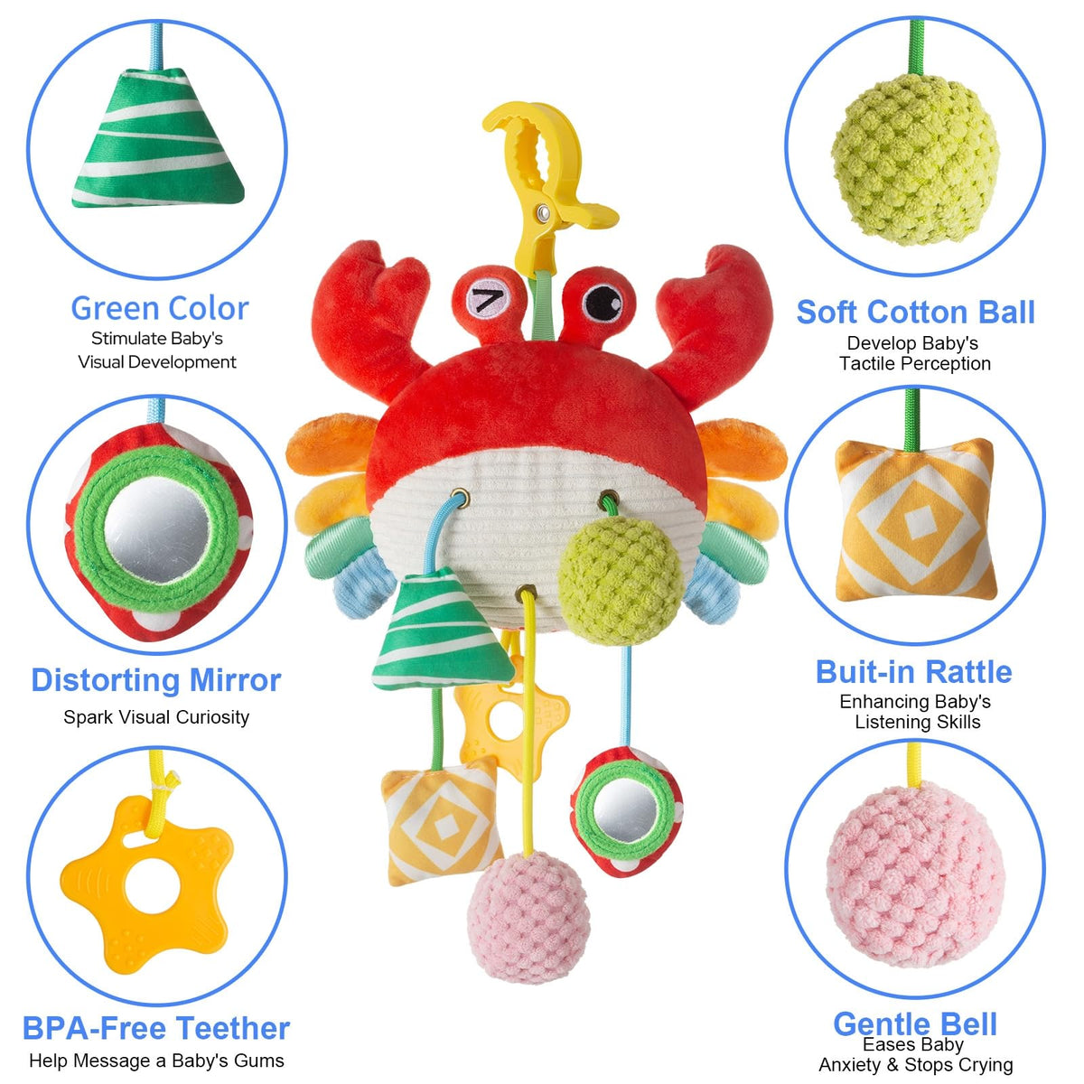 Lynncare Car Seat Toy for Babies 0-6 Months | Clip-On Stroller Toy with Bell, Rattle & Mirror