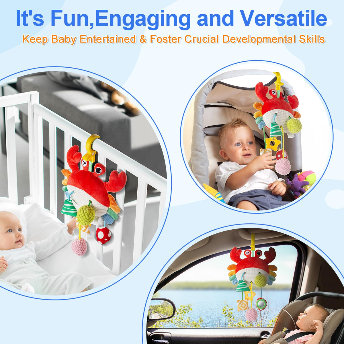 Lynncare Car Seat Toy for Babies 0-6 Months | Clip-On Stroller Toy with Bell, Rattle & Mirror