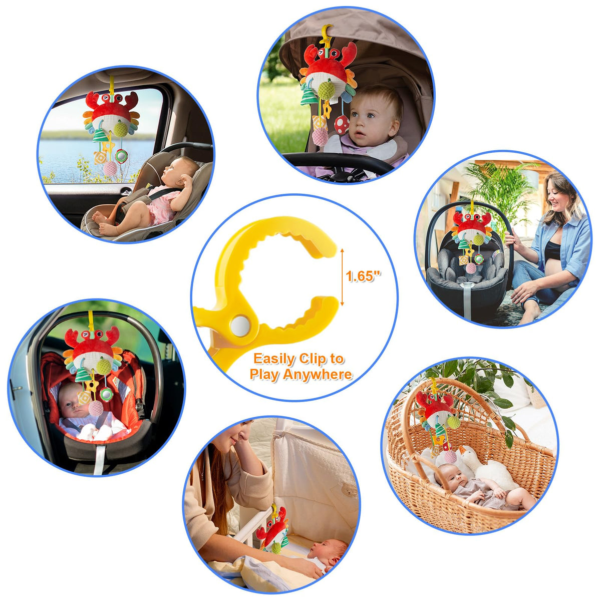 Lynncare Car Seat Toy for Babies 0-6 Months | Clip-On Stroller Toy with Bell, Rattle & Mirror
