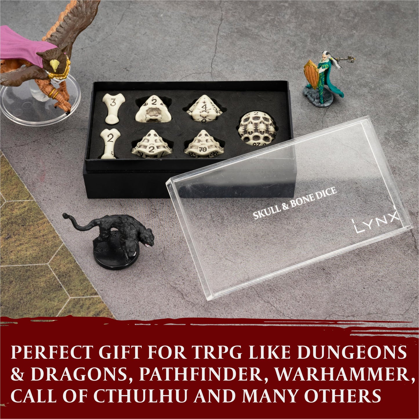 LYNX DND Dice Set – 7 Skull & Bone Polyhedral RPG Dice (White)