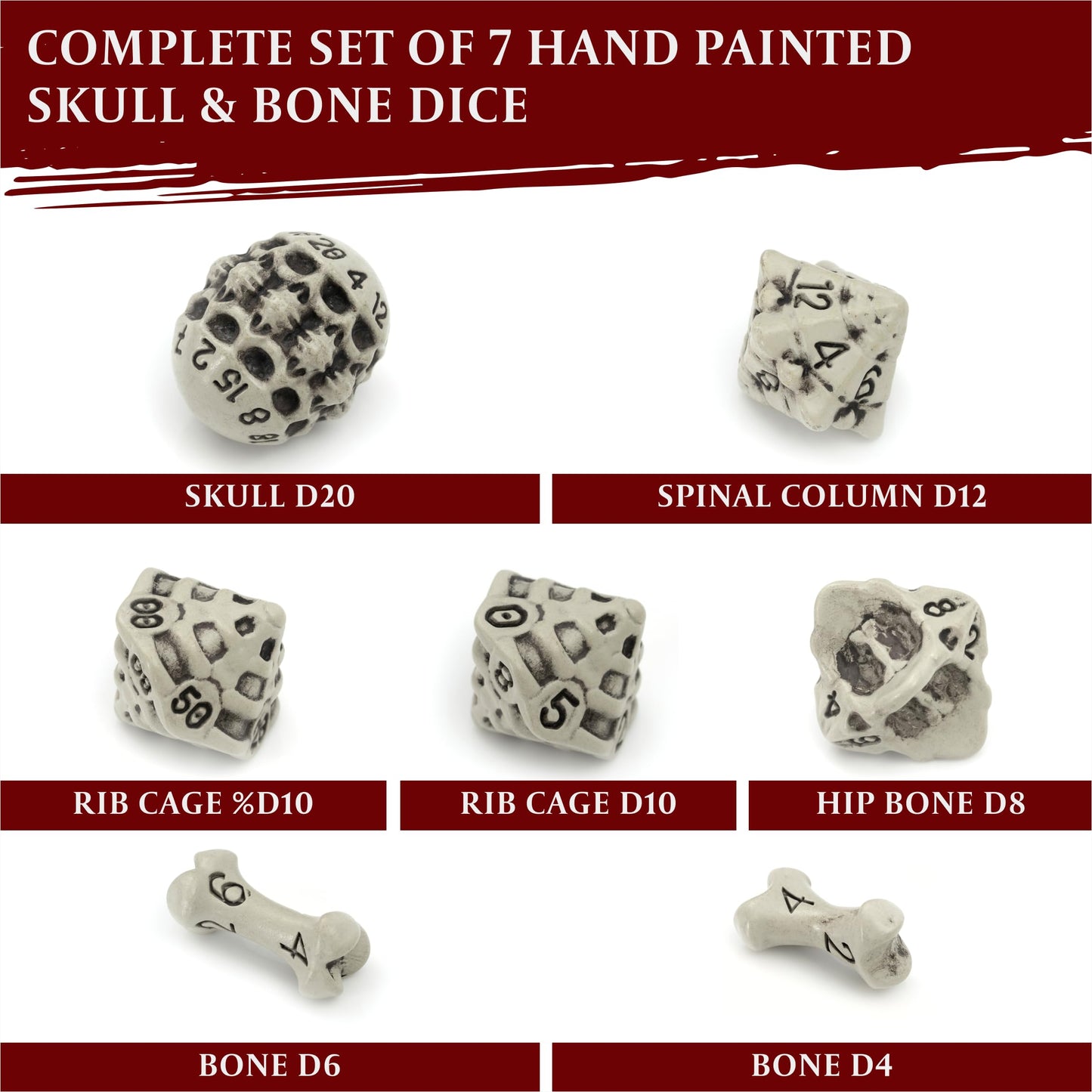 LYNX DND Dice Set – 7 Skull & Bone Polyhedral RPG Dice (White)