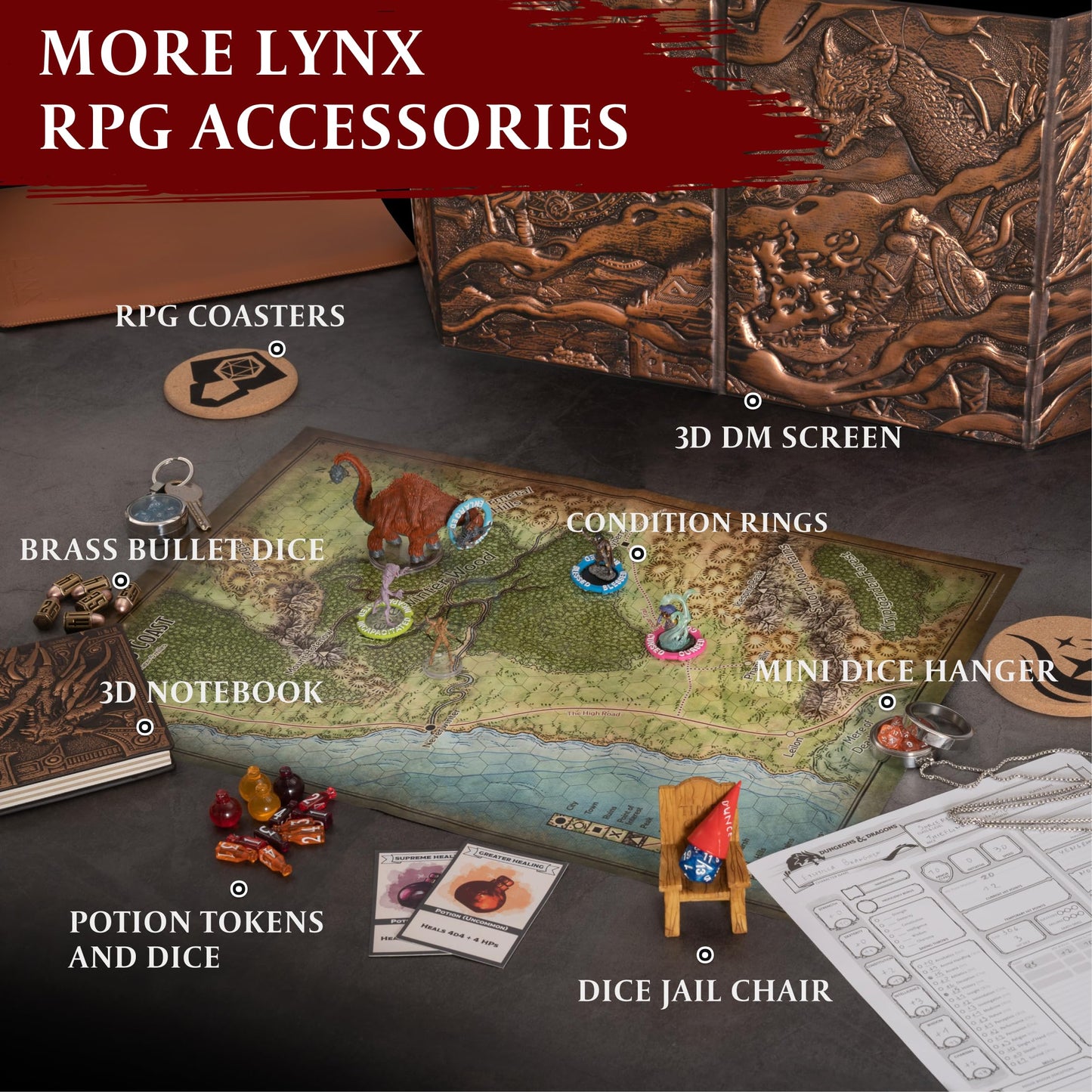 LYNX 15 Healing Potion Tokens + Color-Matching D4 Dice Set for D&D