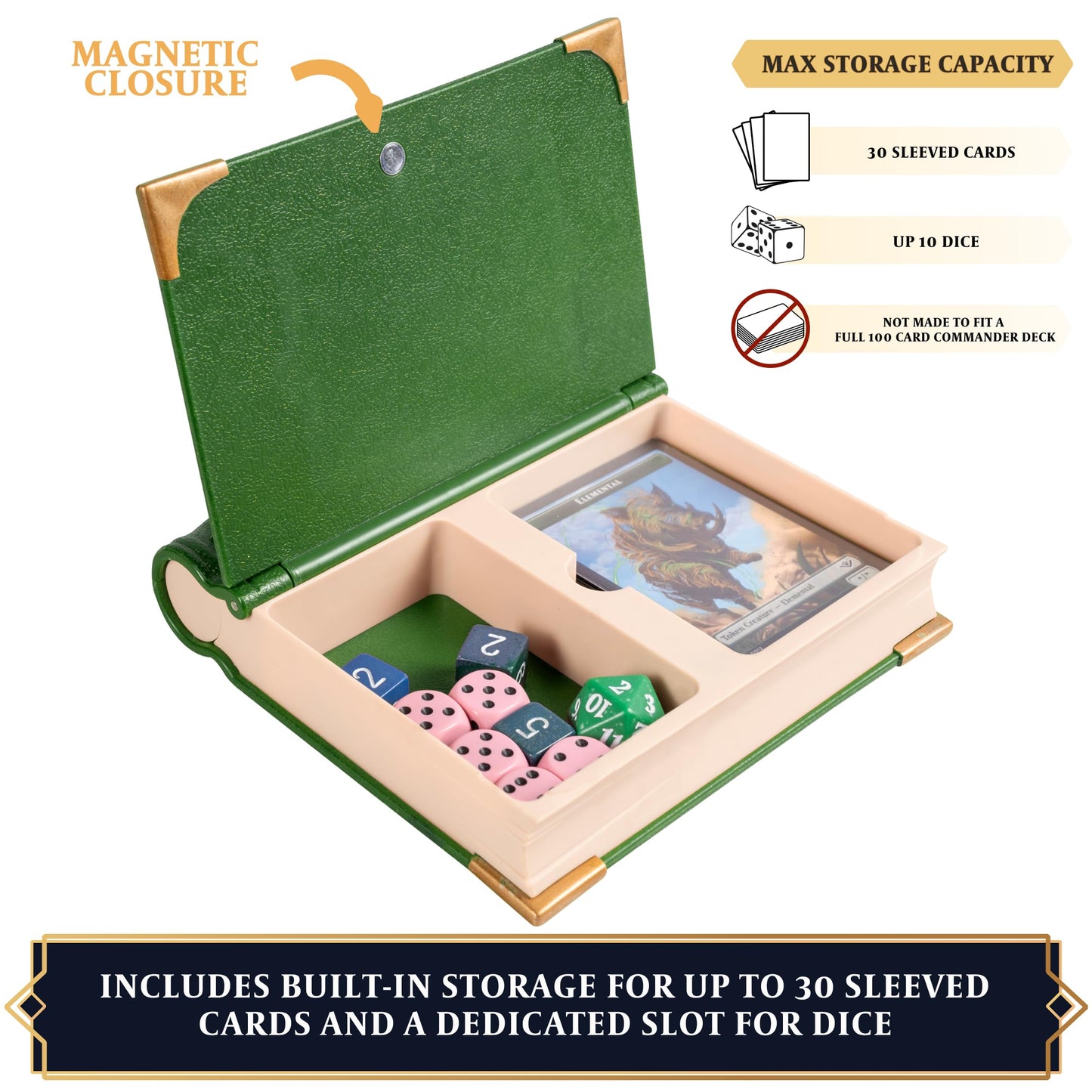 LYNX MTG Commander EDH Command Zone/Tray with Damage, Cast & Life Counters | Hidden Storage for up to 30 Sleeved Cards (Green)