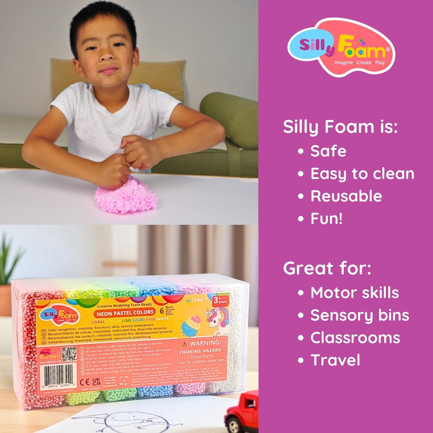 LYRK Collections Silly Foam – 6 Neon Pastel Modeling Beads for Kids (3+)