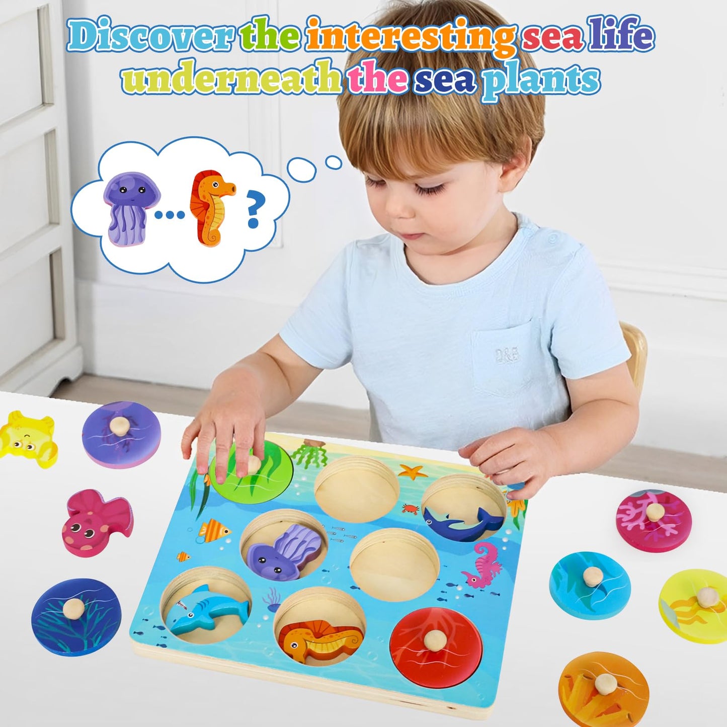 LZDMY Montessori Sea Animals Wooden Puzzle for Toddlers – 8.6in, 1-3 yrs
