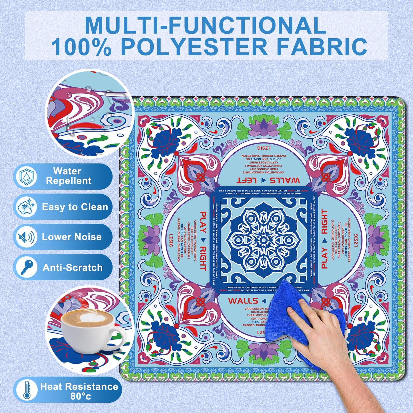 LZSIG Mahjong Table Mat 33x33 - 3mm Anti-Slip, Noise-Reducing with Carry Bag | For Mahjong, Poker & Board Games - Blue