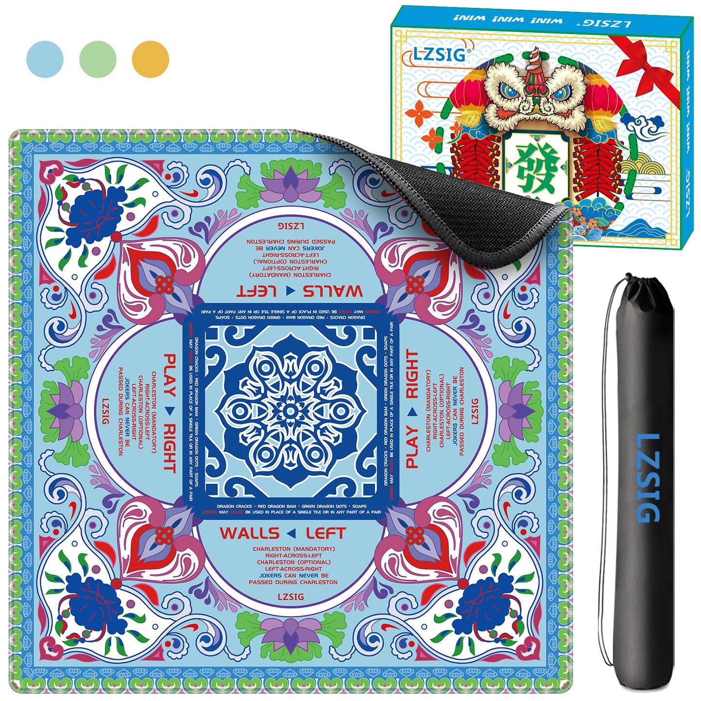 LZSIG Mahjong Table Mat 33x33 - 3mm Anti-Slip, Noise-Reducing with Carry Bag | For Mahjong, Poker & Board Games - Blue