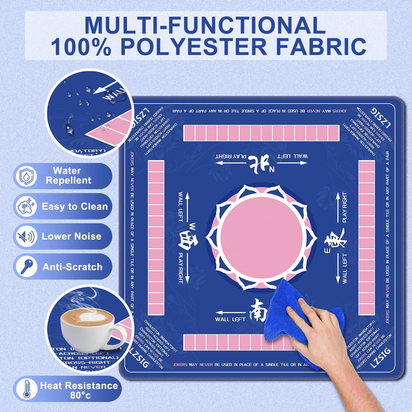 LZSIG Mahjong Mat 33x33 – Non-Slip, Quiet Surface with Carry Bag (Blue)