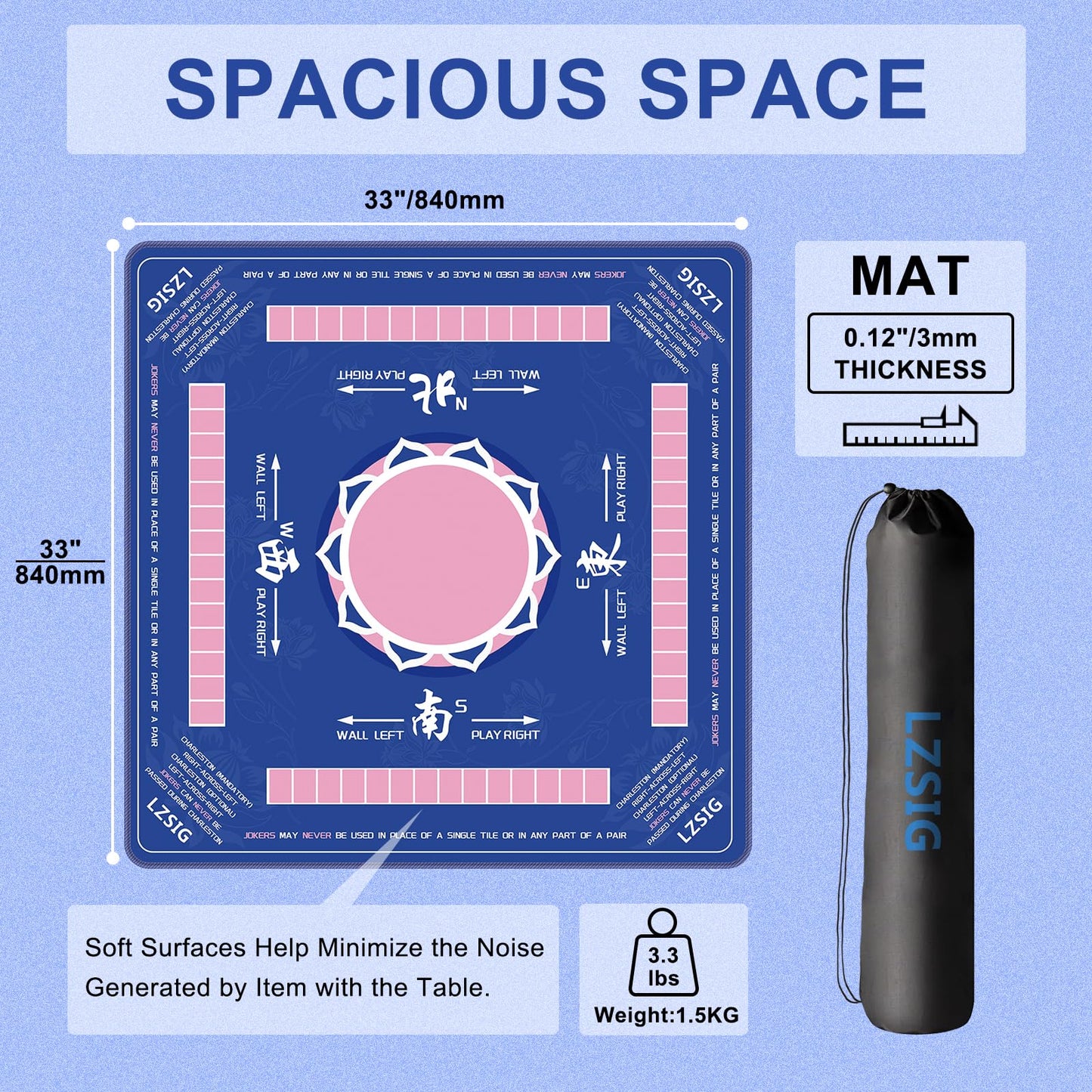 LZSIG Mahjong Mat 33x33 – Non-Slip, Quiet Surface with Carry Bag (Blue)
