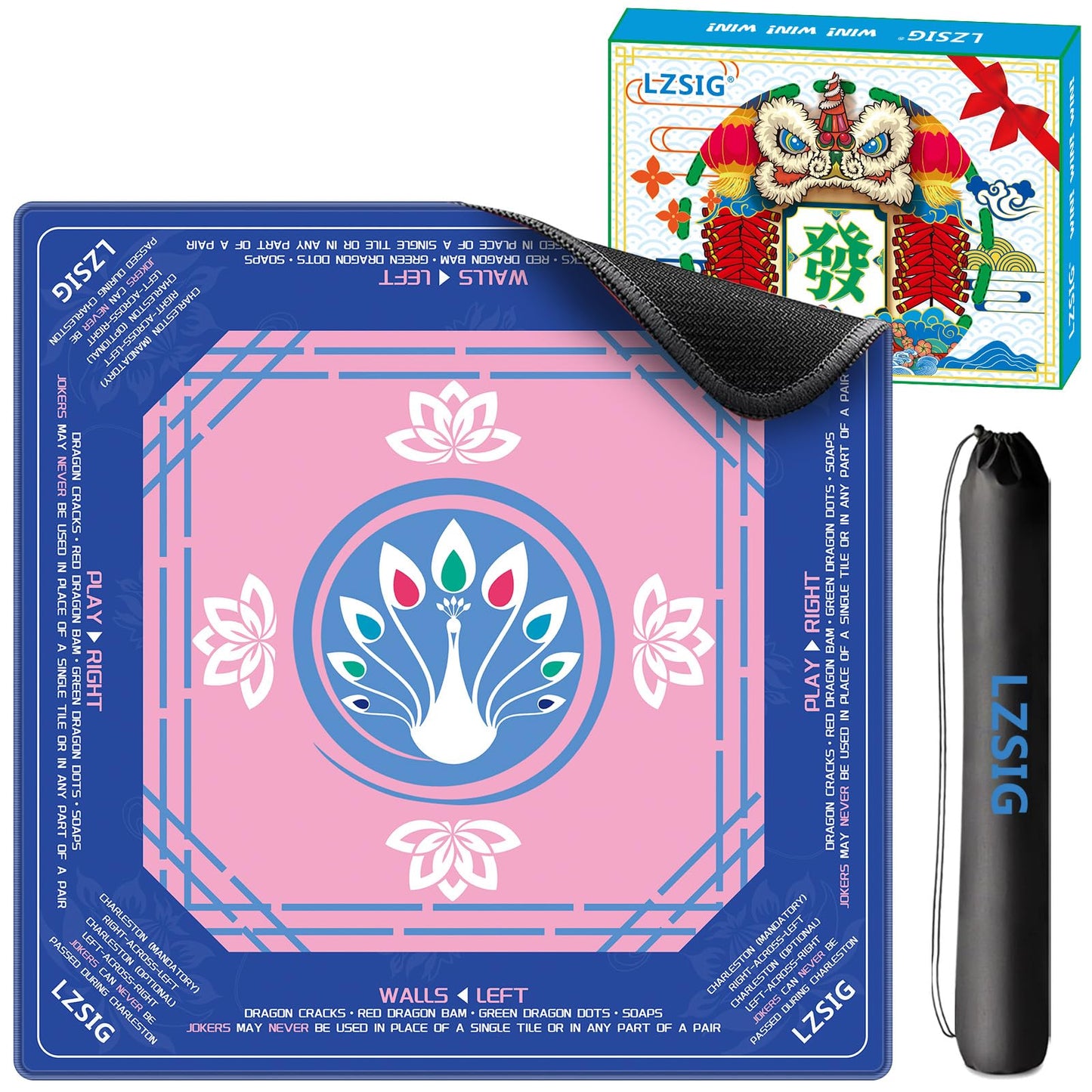 LZSIG Mahjong Mat 33x33 – Non-Slip, Noise-Reducing Surface with Peacock & Lotus Artwork and Carry Bag