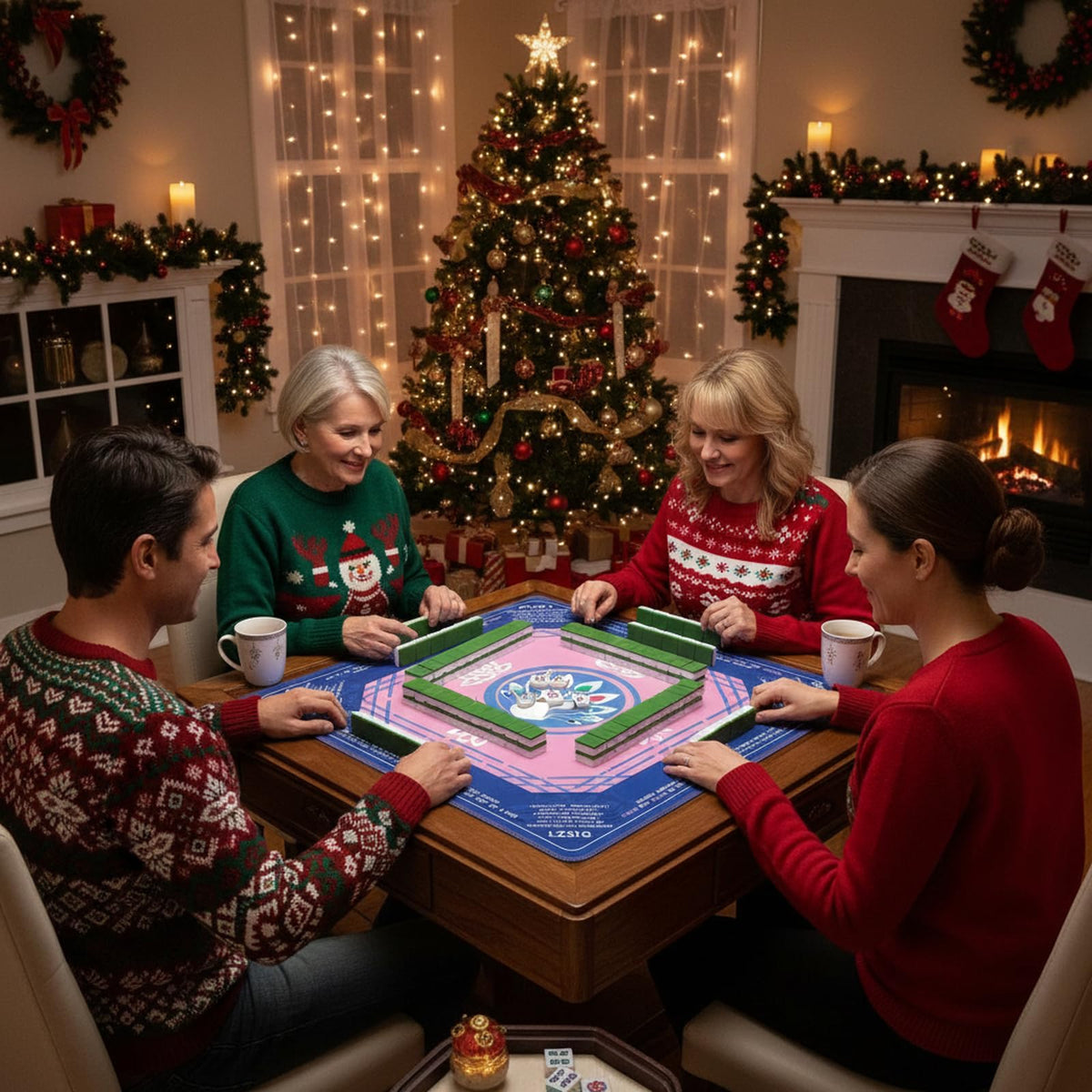 LZSIG Mahjong Mat 33x33 – Non-Slip, Noise-Reducing Surface with Peacock & Lotus Artwork and Carry Bag