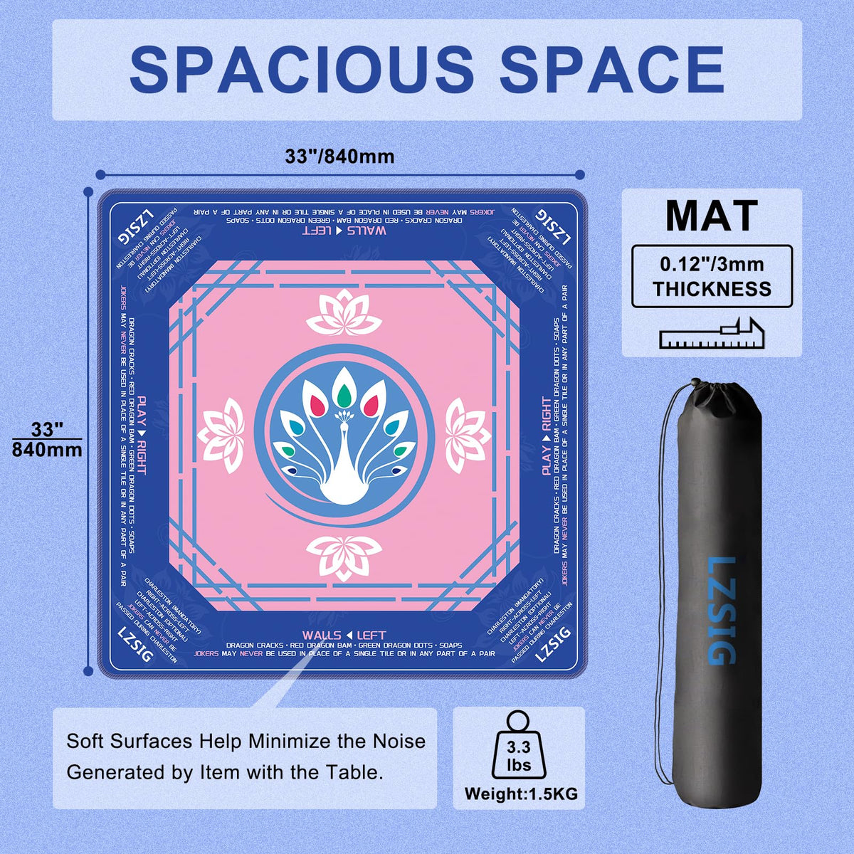 LZSIG Mahjong Mat 33x33 – Non-Slip, Noise-Reducing Surface with Peacock & Lotus Artwork and Carry Bag