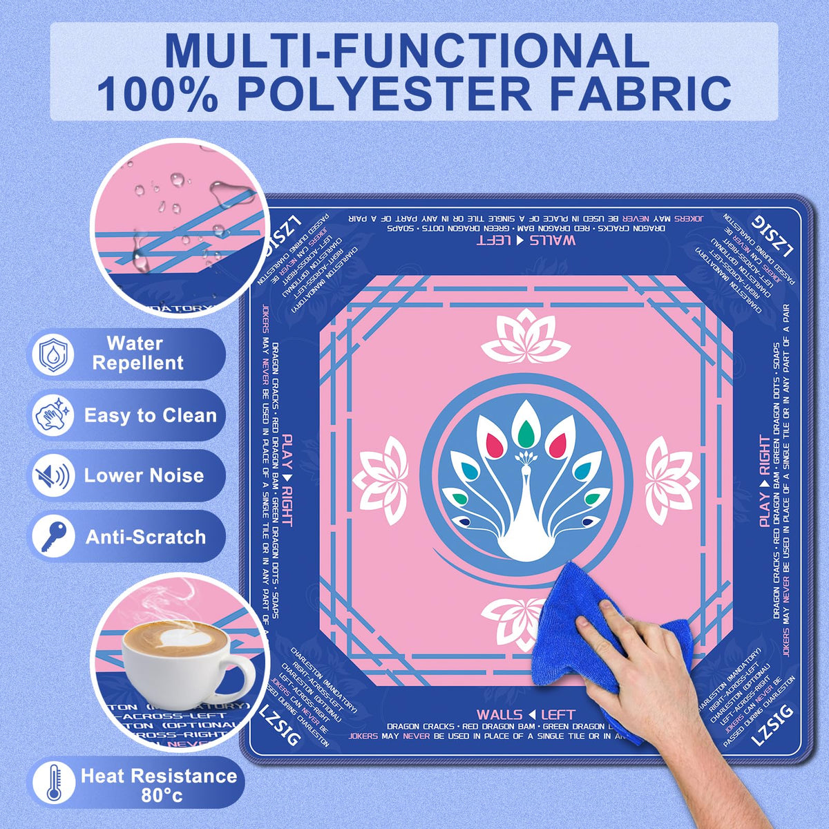 LZSIG Mahjong Mat 33x33 – Non-Slip, Noise-Reducing Surface with Peacock & Lotus Artwork and Carry Bag