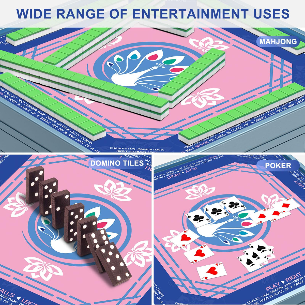 LZSIG Mahjong Mat 33x33 – Non-Slip, Noise-Reducing Surface with Peacock & Lotus Artwork and Carry Bag