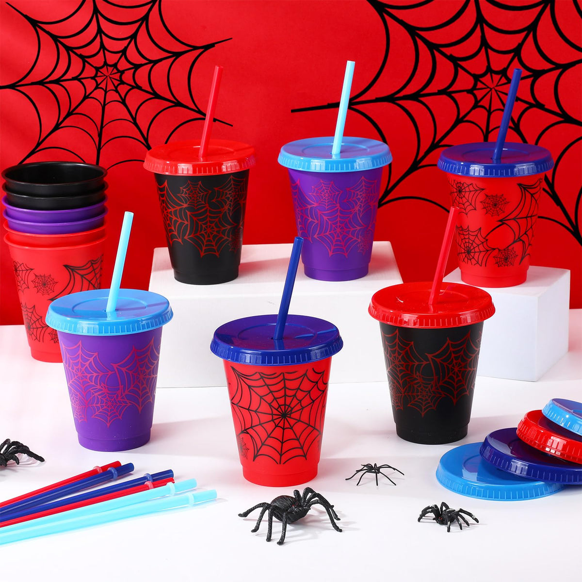 Lzuhoa 12-Pack Spider Cups with Lids & Straws – 16 oz Party Favors