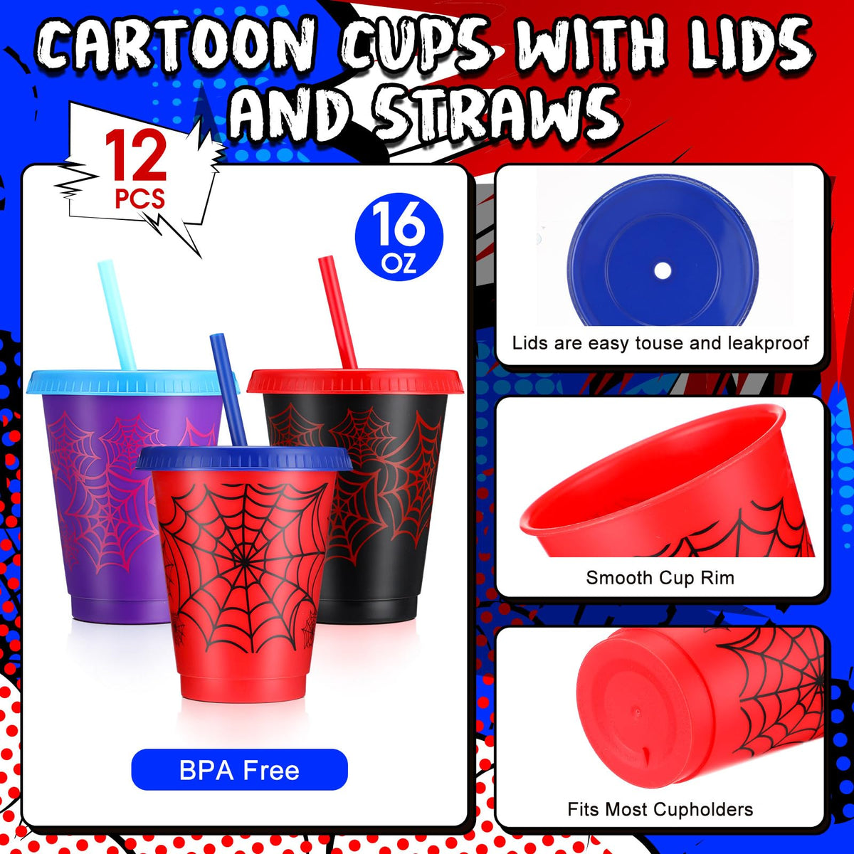 Lzuhoa 12-Pack Spider Cups with Lids & Straws – 16 oz Party Favors