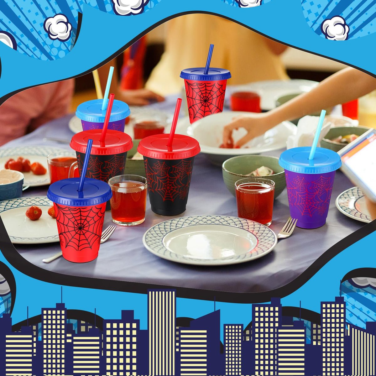 Lzuhoa 12-Pack Spider Cups with Lids & Straws – 16 oz Party Favors