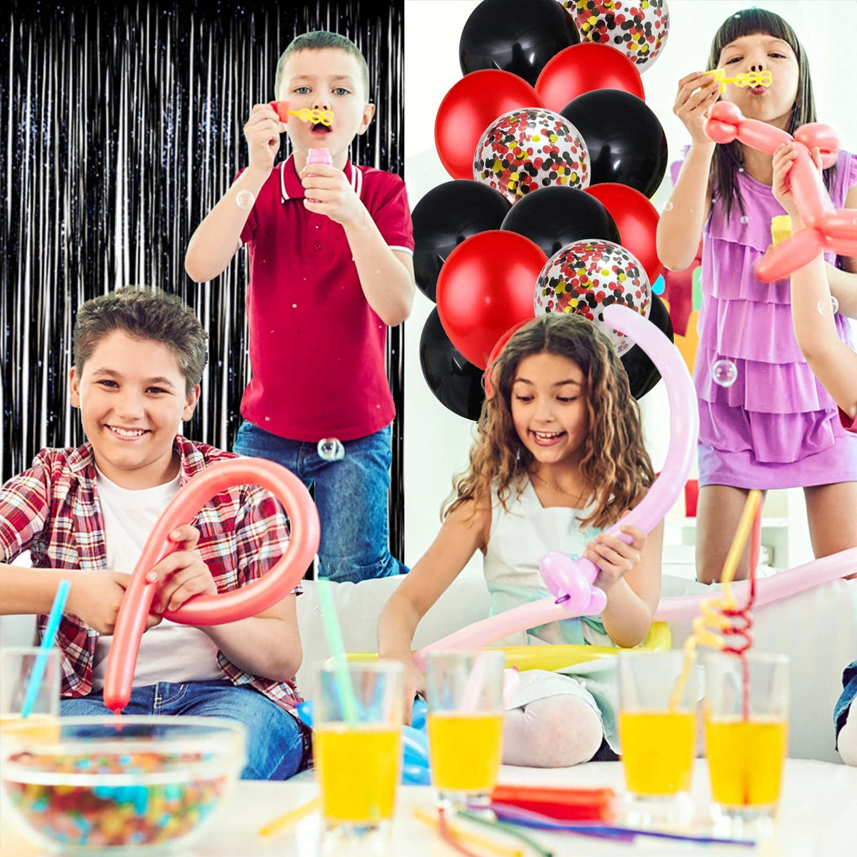 LZVPL Red & Black Birthday Party Decoration Kit – Banner, Fringed Curtain, Balloons & Confetti