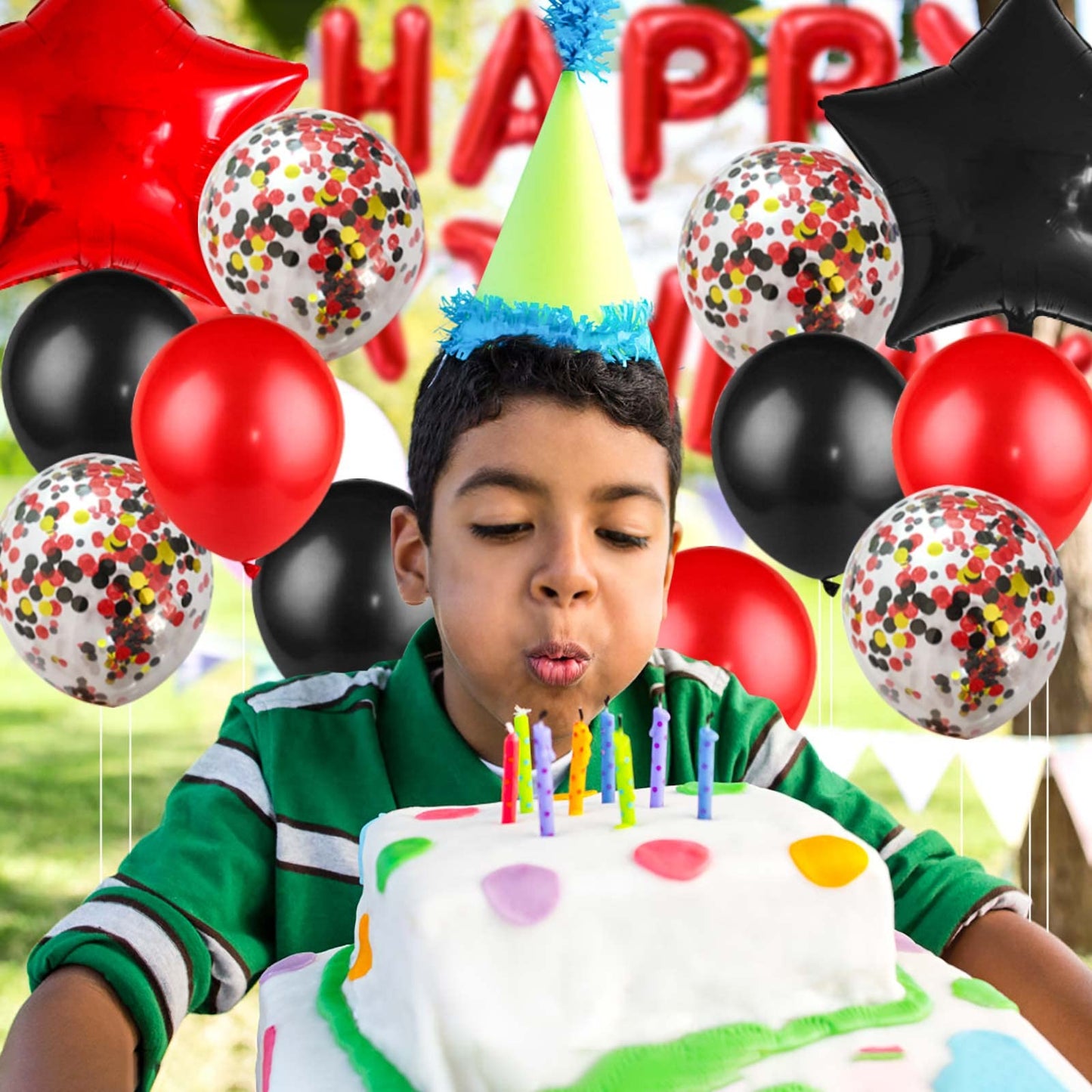 LZVPL Red & Black Birthday Party Decoration Kit – Banner, Fringed Curtain, Balloons & Confetti