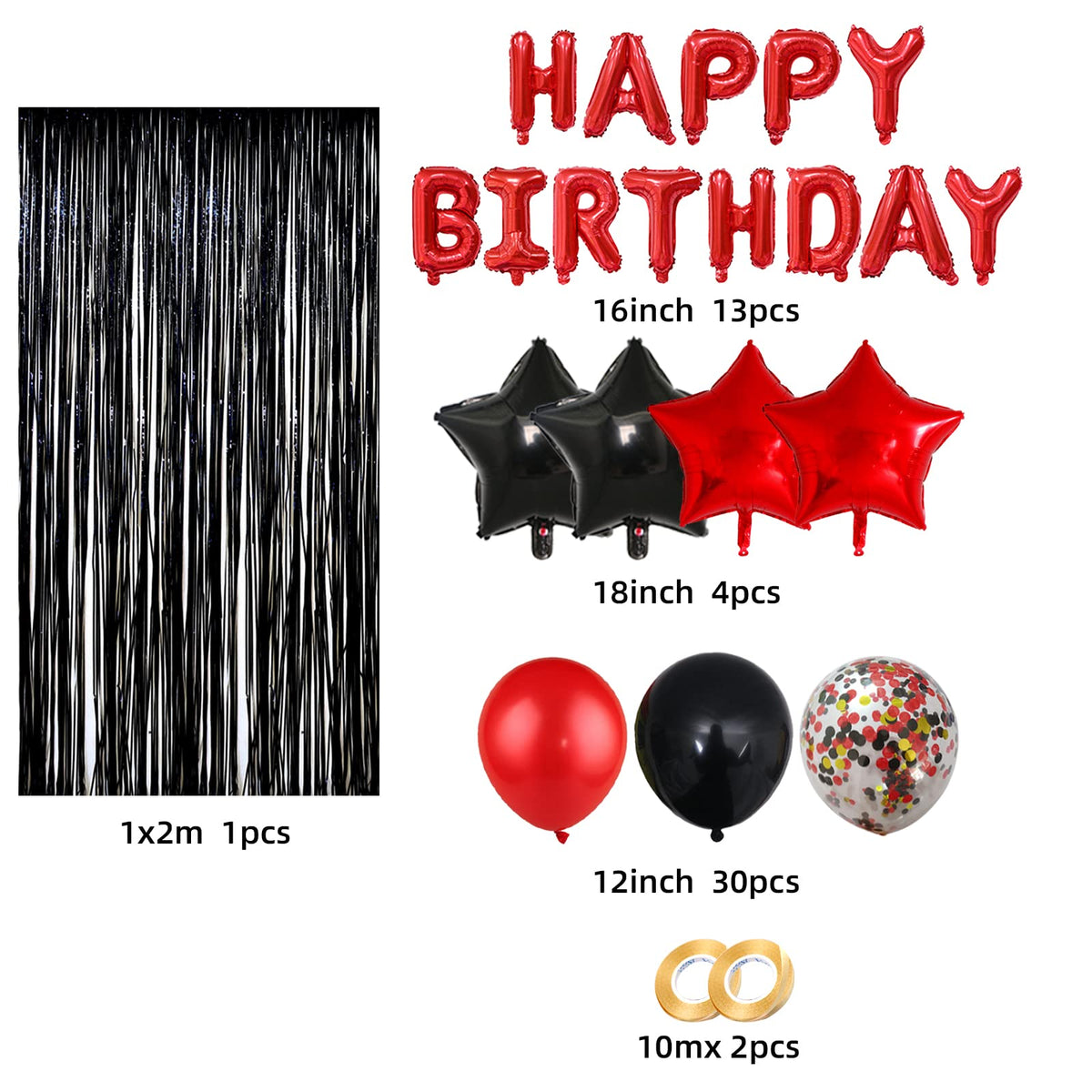 LZVPL Red & Black Birthday Party Decoration Kit – Banner, Fringed Curtain, Balloons & Confetti