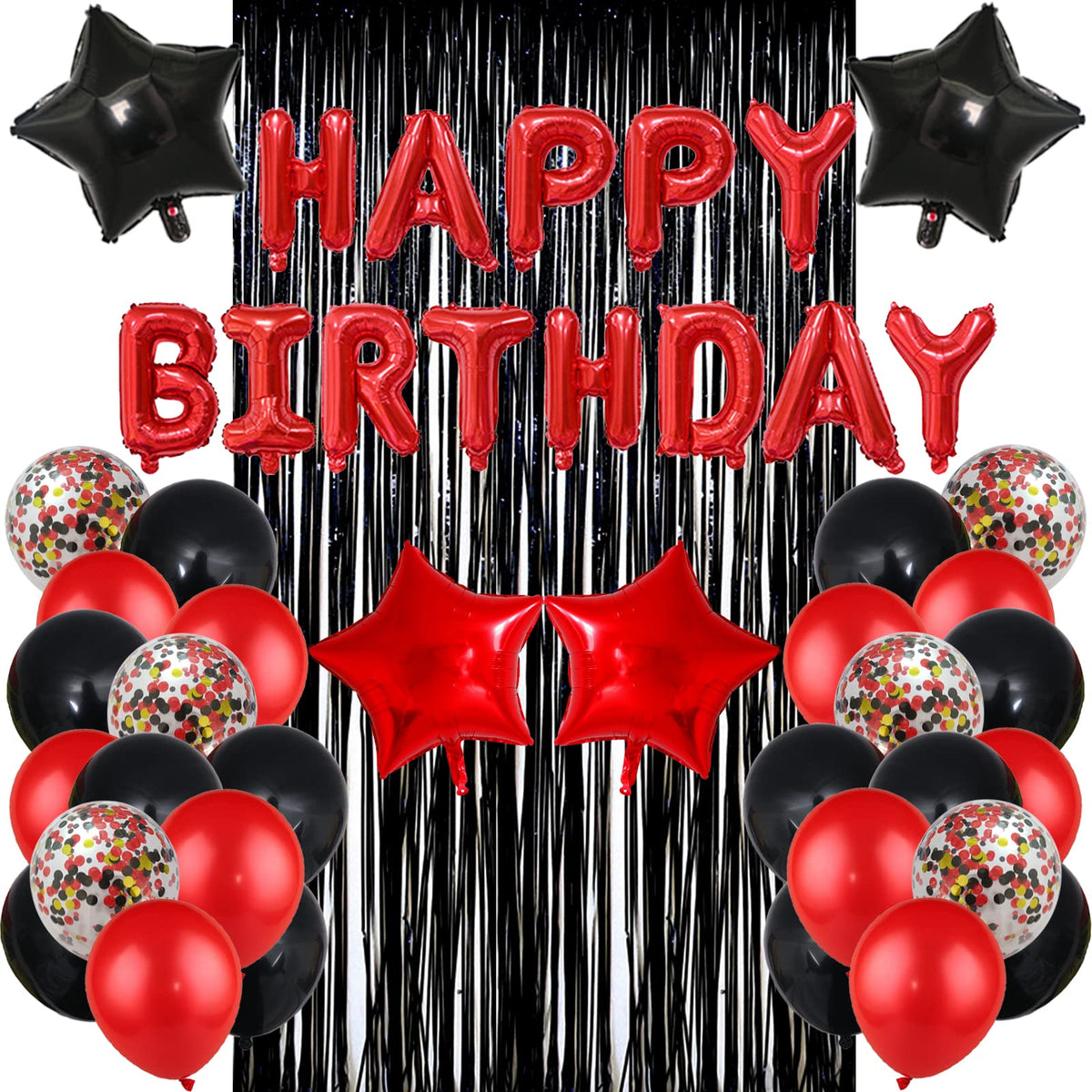 LZVPL Red & Black Birthday Party Decoration Kit – Banner, Fringed Curtain, Balloons & Confetti