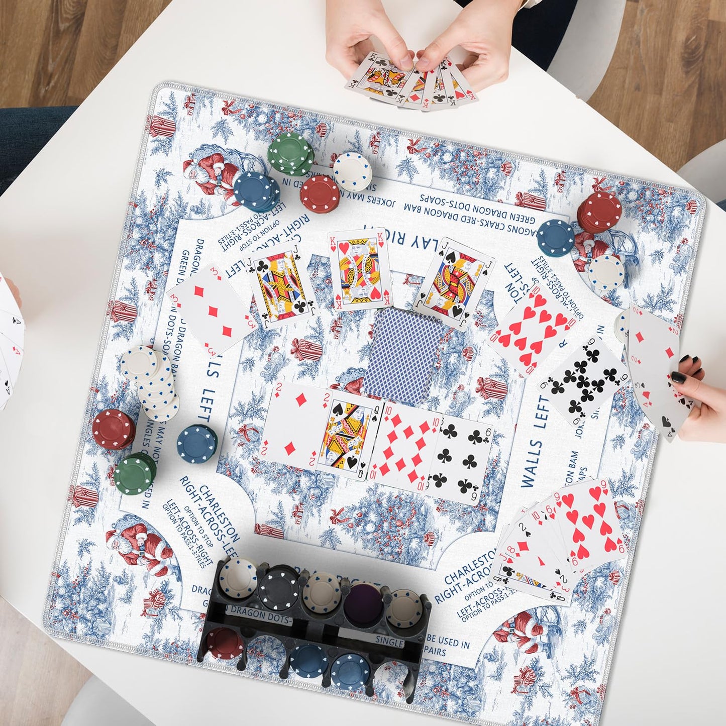LZYRF Red & Blue Chinoiserie Christmas Mahjong Mat 31.5 x 31.5 in – Anti-Slip, Noise-Reducing Game Table Cover