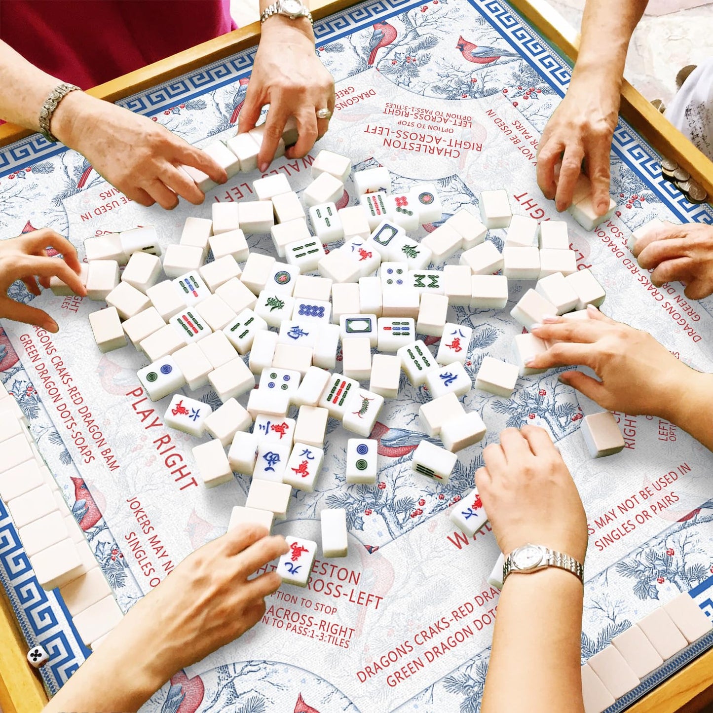 LZYRF Red and Blue Chinoiserie Mahjong Mat – 31.5 x 31.5 in, Quiet Anti-Slip Table Cover