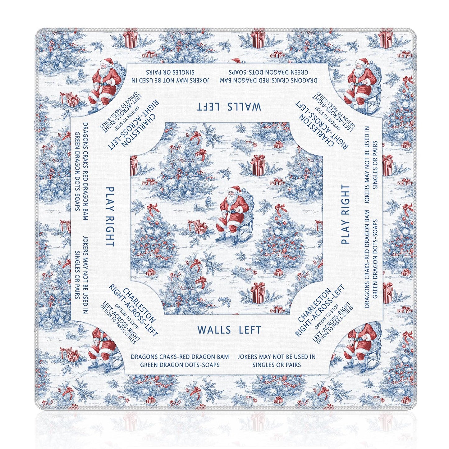 LZYRF Red & Blue Chinoiserie Christmas Mahjong Mat 31.5 x 31.5 in – Anti-Slip, Noise-Reducing Game Table Cover
