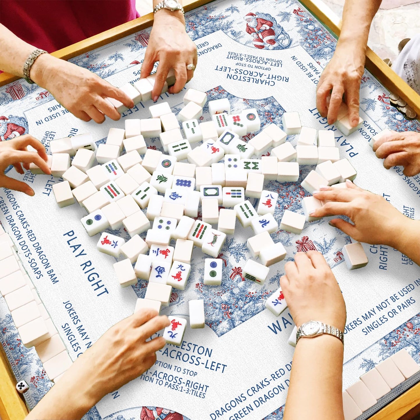 LZYRF Red & Blue Chinoiserie Christmas Mahjong Mat 31.5 x 31.5 in – Anti-Slip, Noise-Reducing Game Table Cover