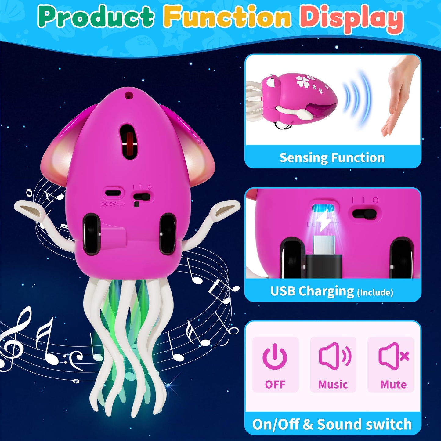 LZZAPJ Electric Dancing Octopus Light Music Toy for Babies 12-18 Months | USB Rechargeable, Obstacle-Sensing Crawling