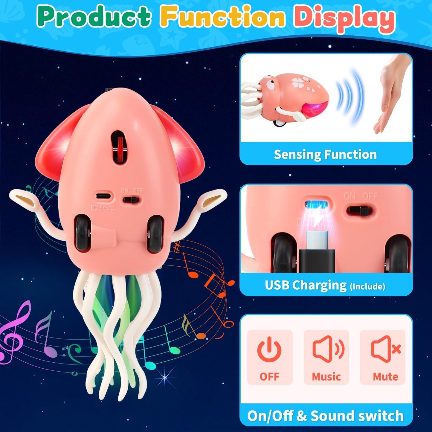 LZZAPJ Electric Dancing Octopus Toy – Lights, Music & USB Rechargeable, 12–18 Months