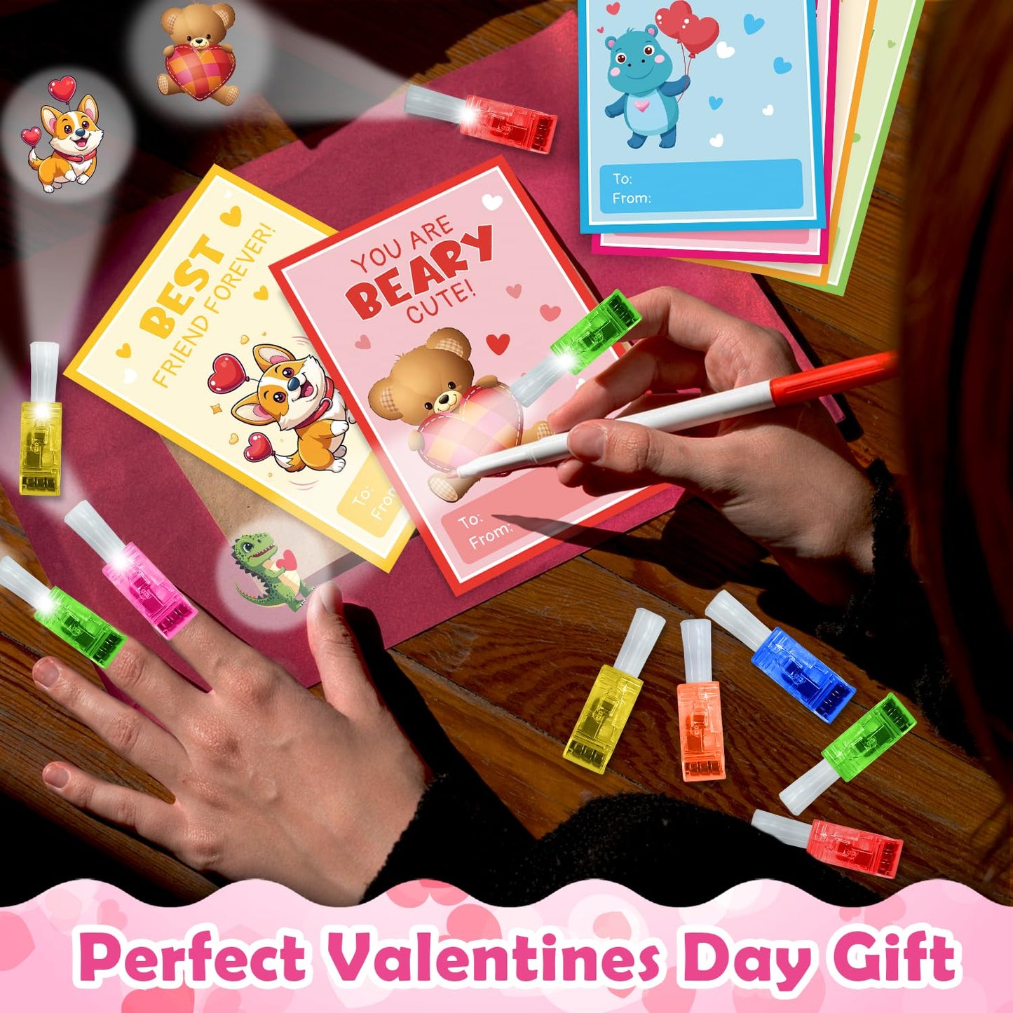 M AMFEOV 36-Pack Valentines Day Finger Light Cards for Kids – Classroom Gift Set