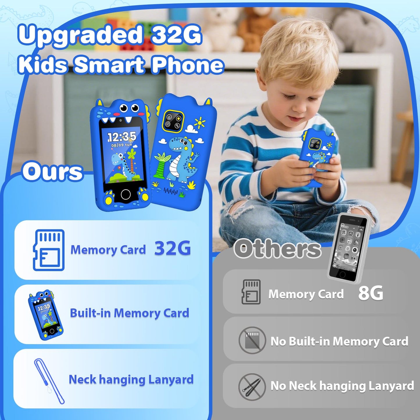 M SANMERSEN Dinosaur Kids Smartphone for Ages 3-6 | 2.8” Touchscreen, 28 Games, Dual Camera, 32GB Card