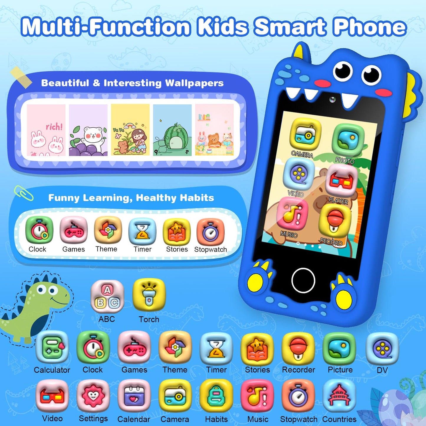 M SANMERSEN Dinosaur Kids Smartphone for Ages 3-6 | 2.8” Touchscreen, 28 Games, Dual Camera, 32GB Card