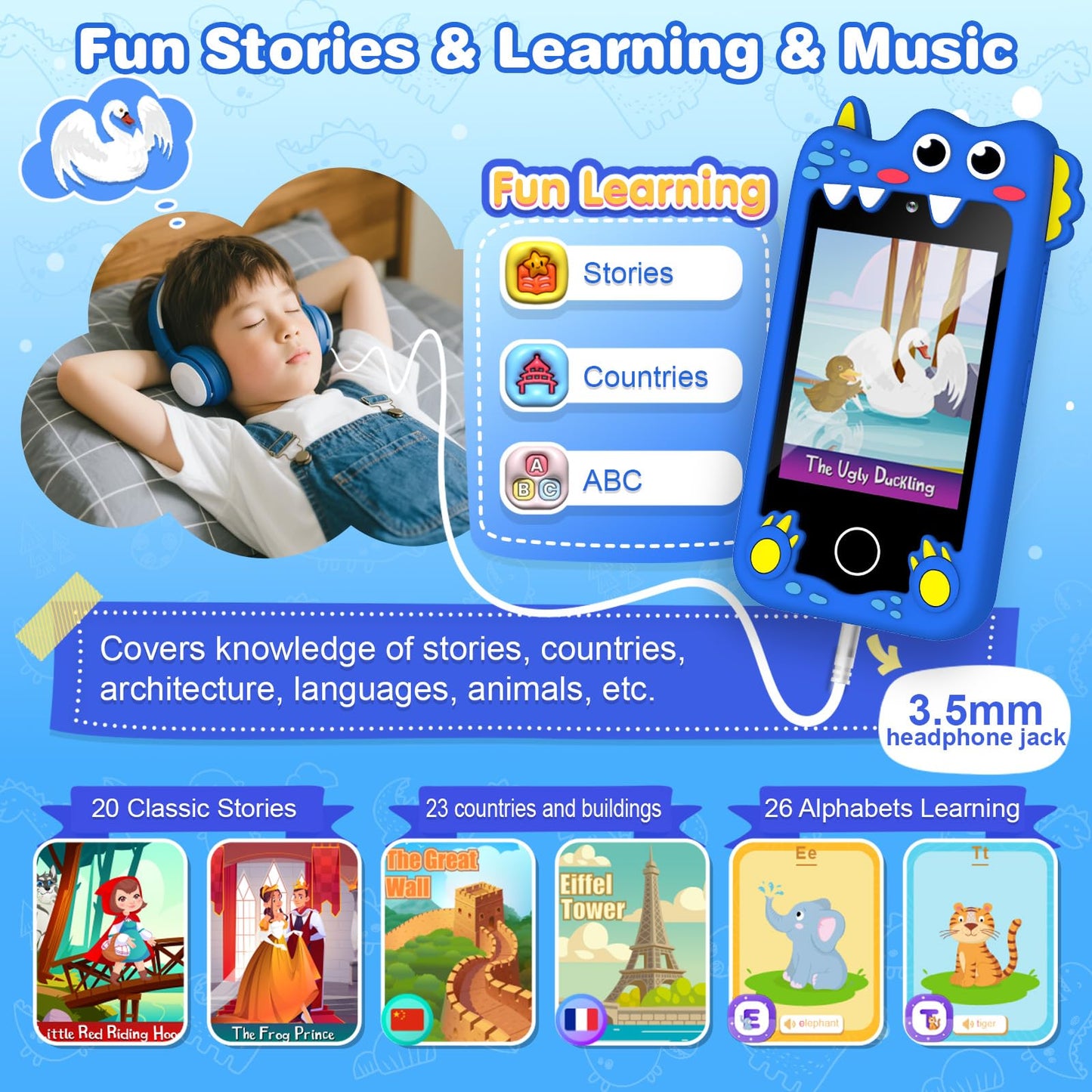 M SANMERSEN Dinosaur Kids Smartphone for Ages 3-6 | 2.8” Touchscreen, 28 Games, Dual Camera, 32GB Card
