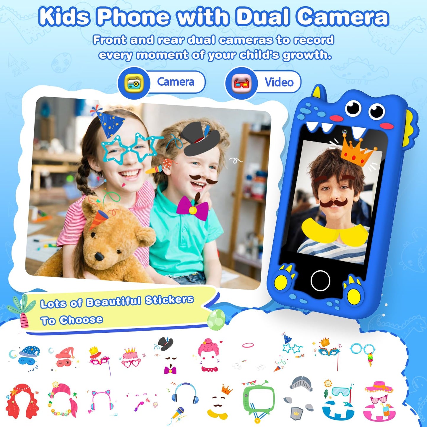 M SANMERSEN Dinosaur Kids Smartphone for Ages 3-6 | 2.8” Touchscreen, 28 Games, Dual Camera, 32GB Card