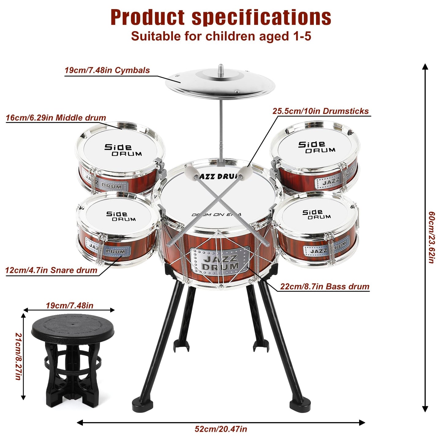 M SANMERSEN 8-Piece Toddler Drum Set for Ages 3-5 – Beginner Kit with Stool and Soft-Head Drumsticks