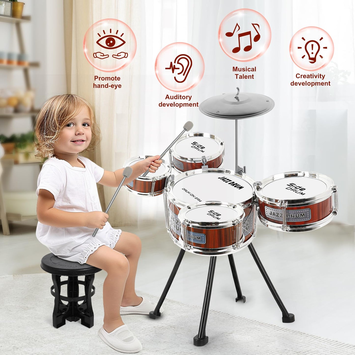 M SANMERSEN 8-Piece Toddler Drum Set for Ages 3-5 – Beginner Kit with Stool and Soft-Head Drumsticks