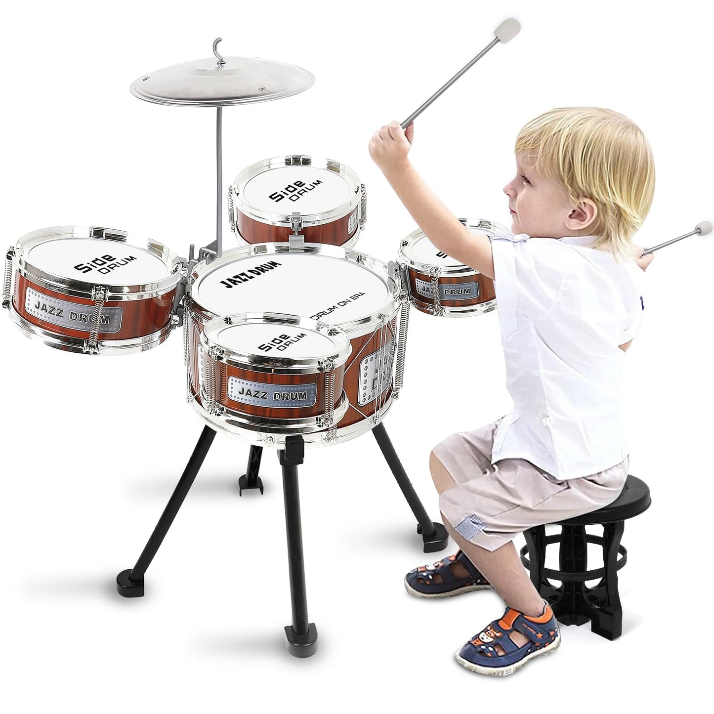 M SANMERSEN 8-Piece Toddler Drum Set for Ages 3-5 – Beginner Kit with Stool and Soft-Head Drumsticks
