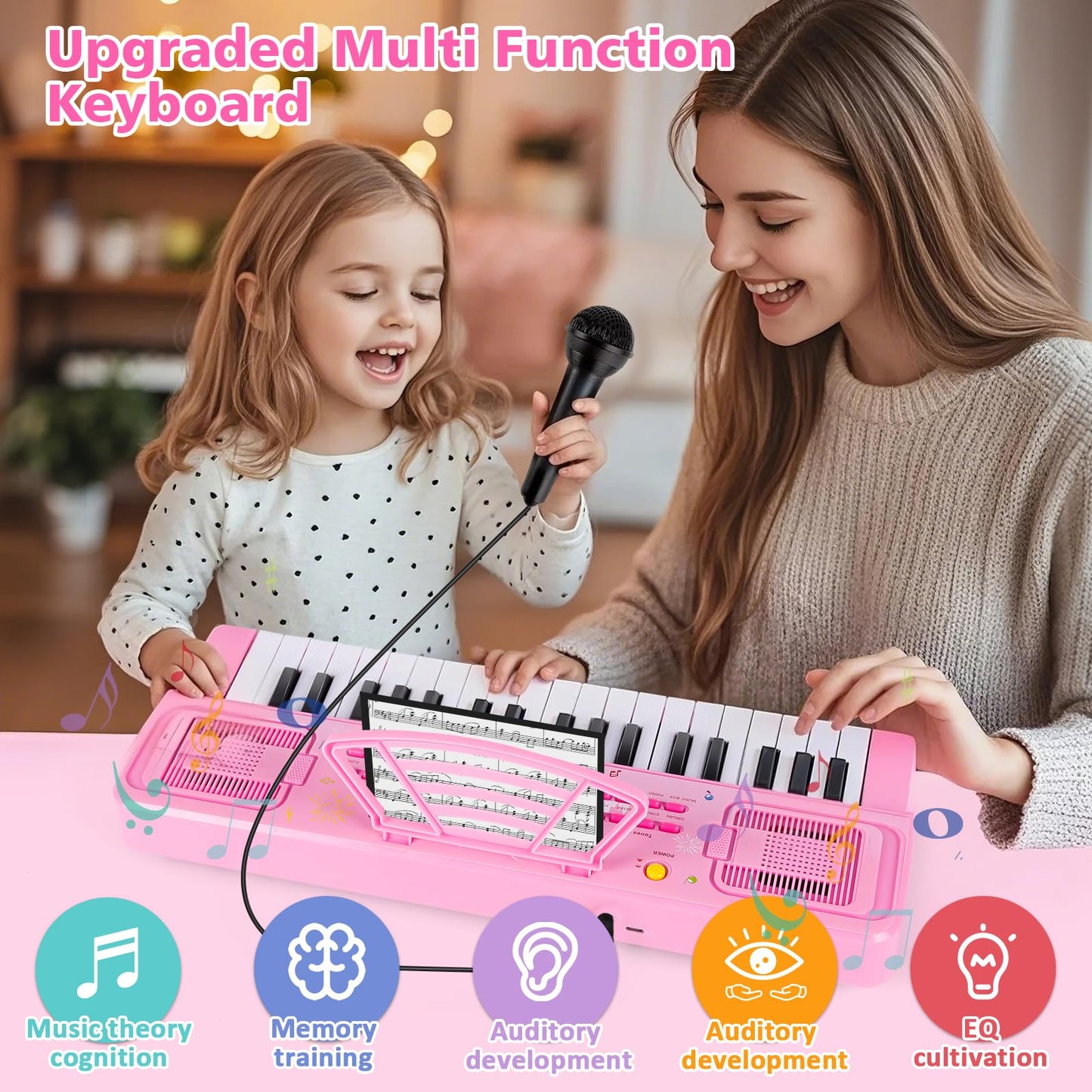 M SANMERSEN Kids Keyboard Piano – 37 Keys, Pink, Microphone | Educational Toy for Toddlers