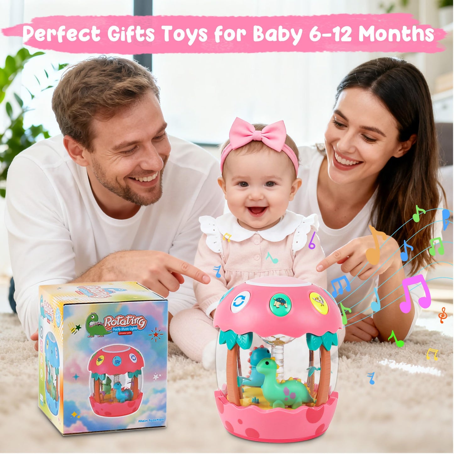 M SANMERSEN Baby Dinosaur Toy – Rotating Light-Up Musical Toy for 6–18 Months