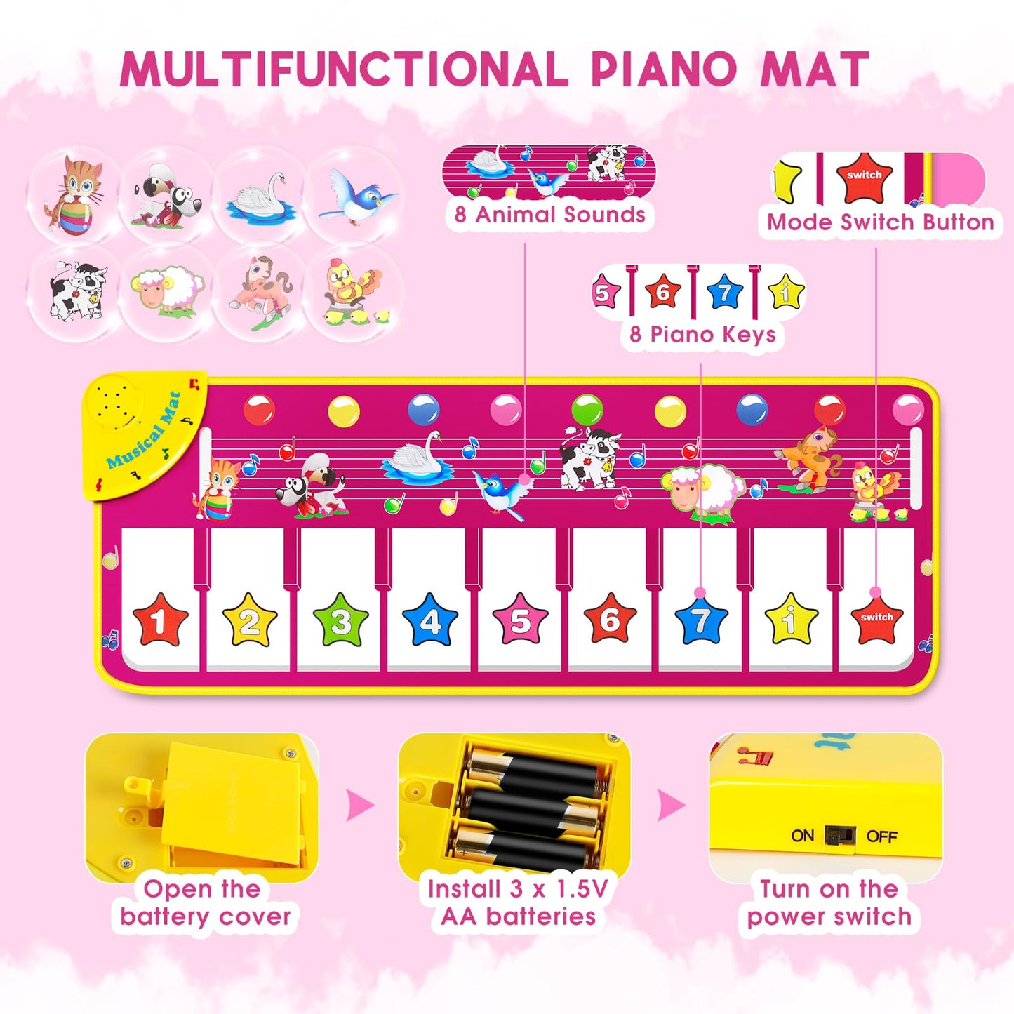 M SANMERSEN Floor Piano Mat for Toddlers – 8 Keys, Animal Sounds, Foldable